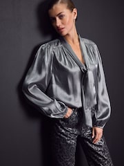 Silver Tie Neck Metallic Blouse - Image 1 of 8