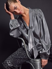 Silver Tie Neck Metallic Blouse - Image 3 of 8