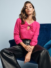 Bright Pink Flocked Spot Bow Detail Sheer Blouse - Image 1 of 8