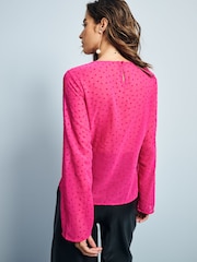 Bright Pink Flocked Spot Bow Detail Sheer Blouse - Image 2 of 8
