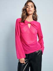 Bright Pink Flocked Spot Bow Detail Sheer Blouse - Image 3 of 8