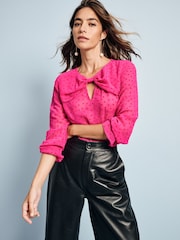 Bright Pink Flocked Spot Bow Detail Sheer Blouse - Image 4 of 8