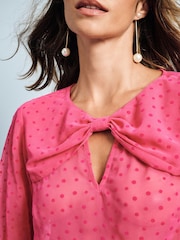 Bright Pink Flocked Spot Bow Detail Sheer Blouse - Image 5 of 8