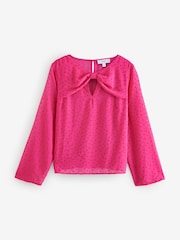 Bright Pink Flocked Spot Bow Detail Sheer Blouse - Image 6 of 8