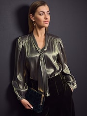 Gold Tie Neck Metallic Blouse - Image 1 of 8