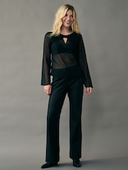 Black Flocked Spot Bow Detail Sheer Blouse - Image 2 of 8