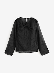 Black Flocked Spot Bow Detail Sheer Blouse - Image 6 of 8
