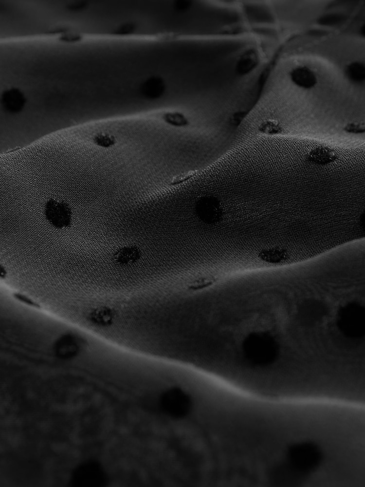 Black Flocked Spot Bow Detail Sheer Blouse - Image 8 of 8