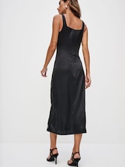 Black Square Neck Satin Embellished Side Split Midi Dress - Image 4 of 8