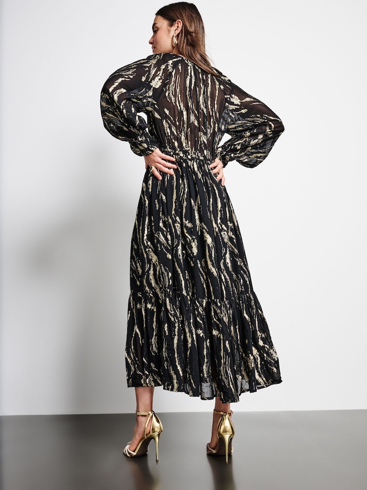 Schwarz/Gold - Langärmliges Midi-Boho-Stufenkleid - Bild 2 von 7 Schwarz/Gold - Langärmliges Midi-Boho-Stufenkleid - Bild 2 von 7