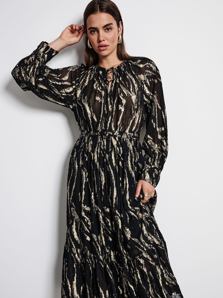 Black/Gold Long Sleeve Midi Boho Tier Dress - Image 3 of 7