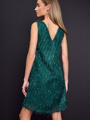 Forest Green Sleeveless Feather Detail Glitter Mini Dress - Image 4 of 5