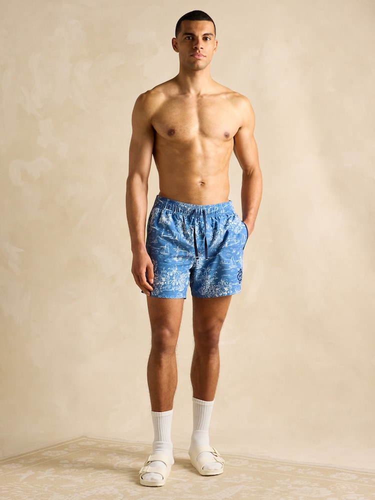 Joules Overton Light Blue Toile de Jouy Rugby Style Swim Shorts - Image 3 of 6