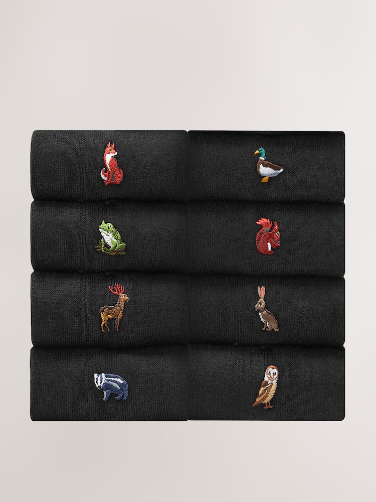 Black Woodland Fun Embroidered Socks 8 Pack - Image 1 of 10