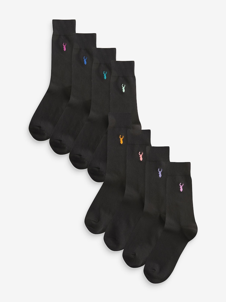 Black 8 Pack Multi Stag Lasting Fresh Embroidered Socks - Image 2 of 10