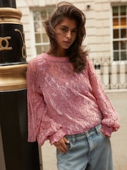 Rose Pink Round Neck Lace Long Sleeve Blouse - Image 1 of 9