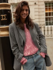 Rose Pink Round Neck Lace Long Sleeve Blouse - Image 2 of 9
