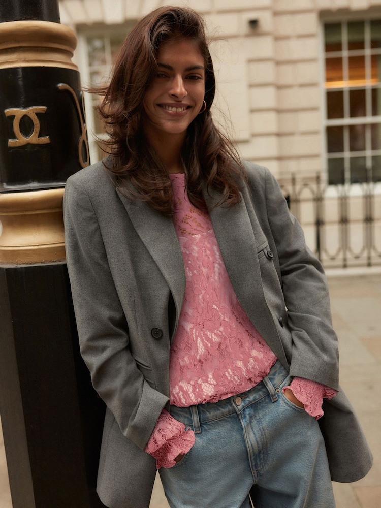 Rose Pink Round Neck Lace Long Sleeve Blouse - Image 2 of 9