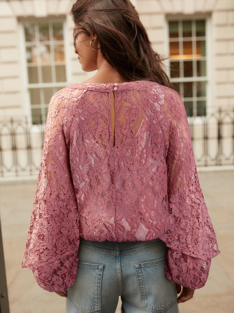 Rose Pink Round Neck Lace Long Sleeve Blouse - Image 4 of 9