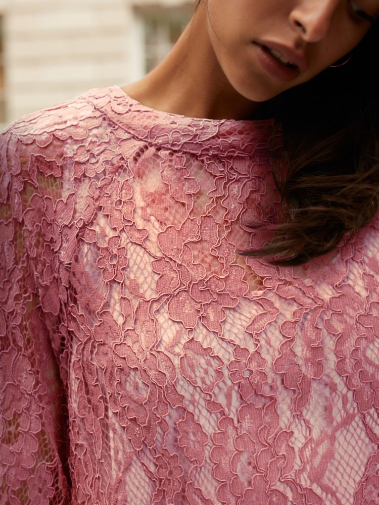 Rose Pink Round Neck Lace Long Sleeve Blouse - Image 5 of 9