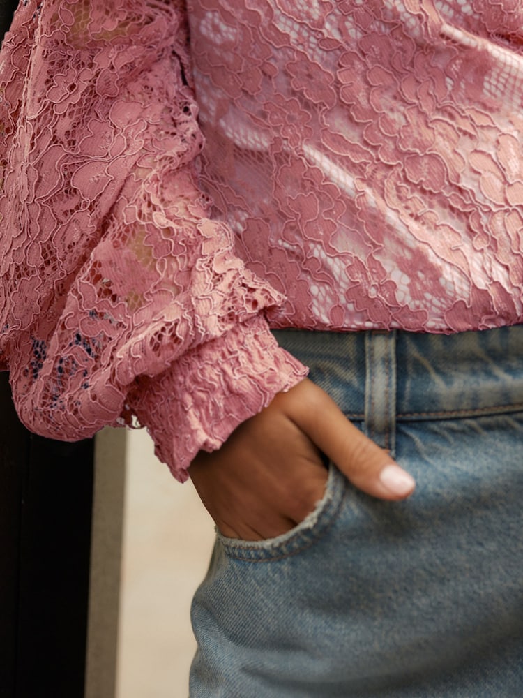 Rose Pink Round Neck Lace Long Sleeve Blouse - Image 6 of 9