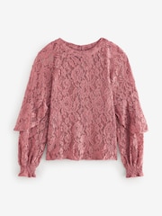 Rose Pink Round Neck Lace Long Sleeve Blouse - Image 7 of 9