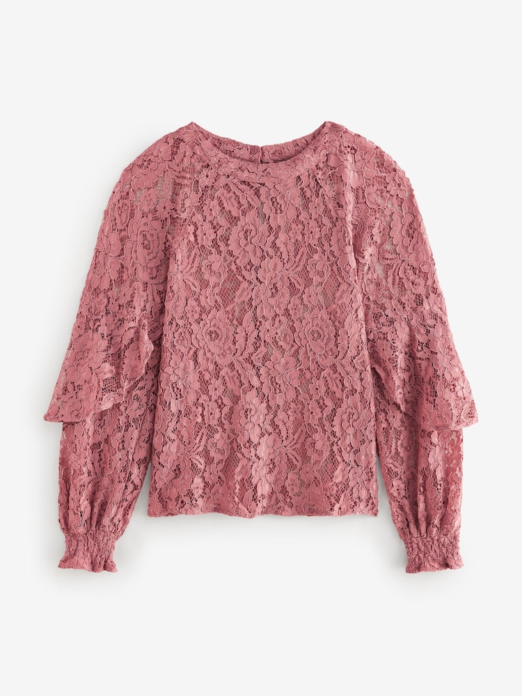 Rose Pink Round Neck Lace Long Sleeve Blouse - Image 7 of 9