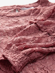 Rose Pink Round Neck Lace Long Sleeve Blouse - Image 8 of 9
