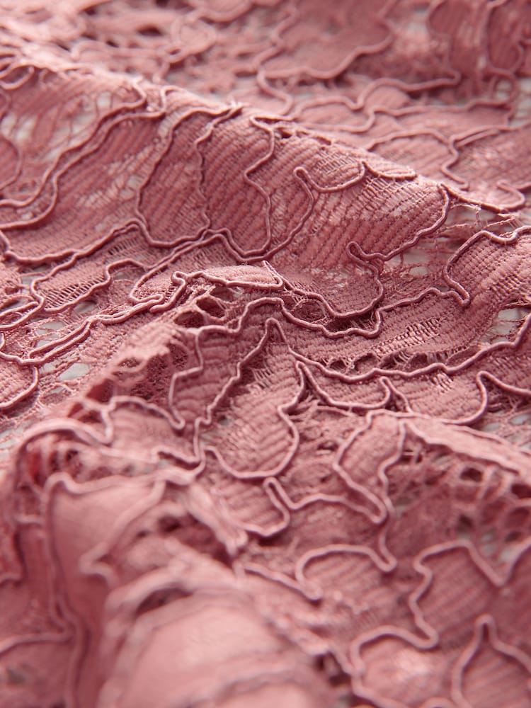 Rose Pink Round Neck Lace Long Sleeve Blouse - Image 9 of 9