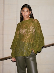 Olive Round Neck Lace Long Sleeve Blouse - Image 1 of 8