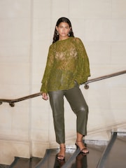 Olive Round Neck Lace Long Sleeve Blouse - Image 2 of 8