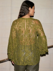Olive Round Neck Lace Long Sleeve Blouse - Image 3 of 8