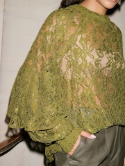 Olive Round Neck Lace Long Sleeve Blouse - Image 4 of 8