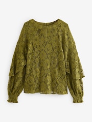 Olive Round Neck Lace Long Sleeve Blouse - Image 5 of 8