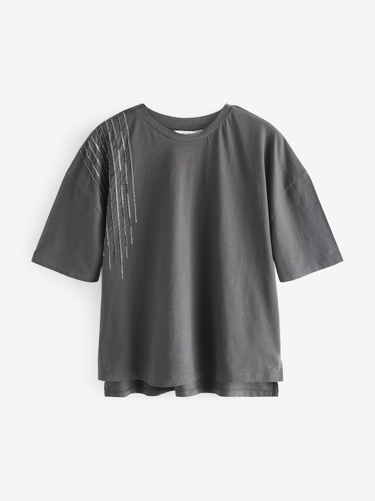 Grey Bead Sequin 100% Cotton T-Shirt - Image 1 of 1