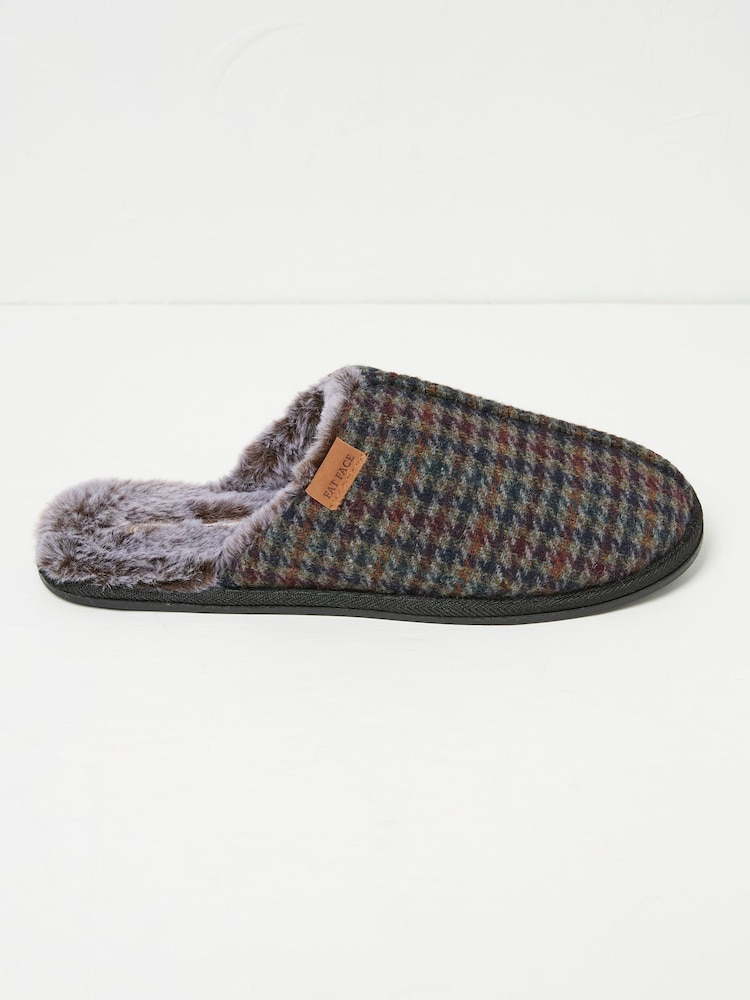FatFace Harvey Navy Check Mule Slippers - Image 1 of 2