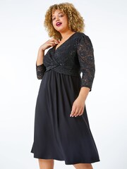 Roman Black Sequin Lace Contrast Wrap Dress - Image 1 of 5
