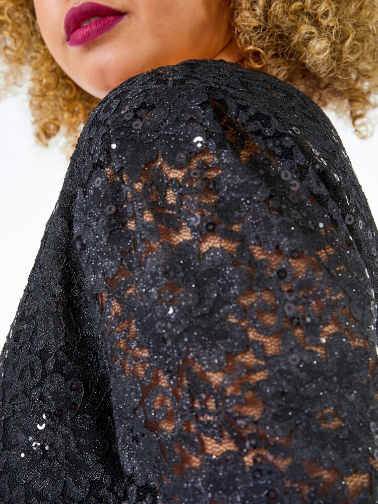Roman Black Sequin Lace Contrast Wrap Dress - Image 5 of 5