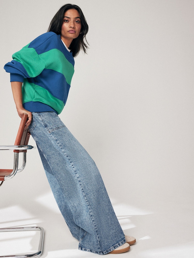 Mittelblau - Naht-Cargo-Jeans mit weitem Bein vorne - Bild 1 von 9