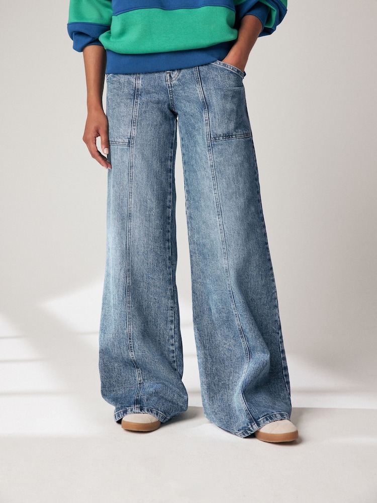 Mid Blue Seam Front Cargo Wide Leg Jeans - Image 3 of 9