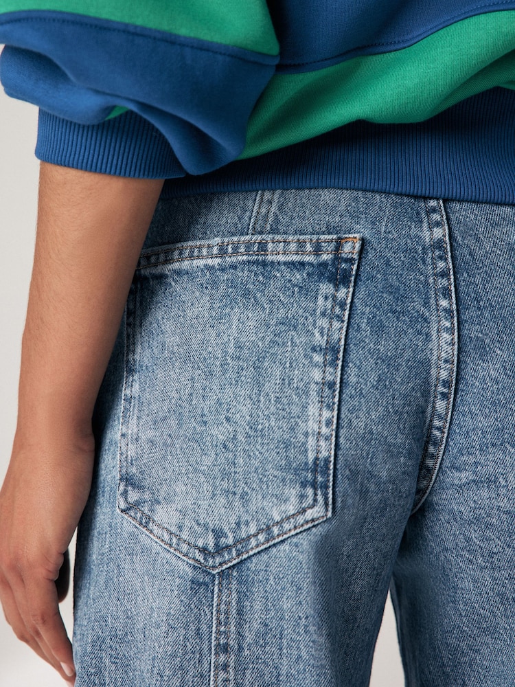 Mid Blue Seam Front Cargo Wide Leg Jeans - Image 6 of 9