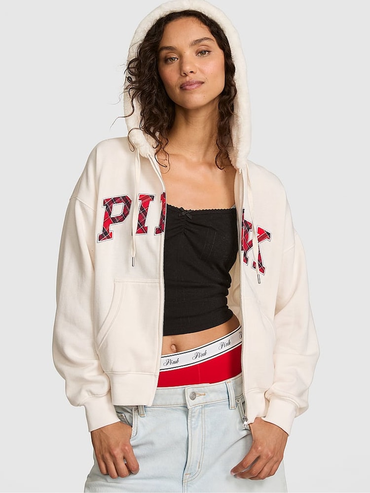 Victoria's Secret PINK Cosy White Tartan Fleece Zip Up Hoodie - Image 2 of 4 Victoria's Secret PINK Cosy White Tartan Fleece Zip Up Hoodie - Image 2 of 4