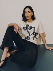 Ecru Lace Bow Supersoft Short Sleeve Knitted Jumper - Image 1 of 8