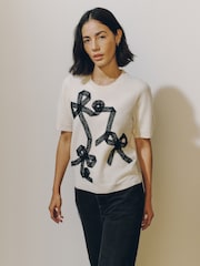 Ecru Lace Bow Supersoft Short Sleeve Knitted Jumper - Image 2 of 8