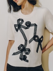 Ecru Lace Bow Supersoft Short Sleeve Knitted Jumper - Image 5 of 8