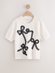 Ecru Lace Bow Supersoft Short Sleeve Knitted Jumper - Image 6 of 8