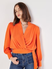 Apricot Orange Soft Twill Wrap Top - Image 1 of 4