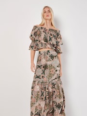 Apricot Green Scarf Print Tiered Long Skirt - Image 1 of 4
