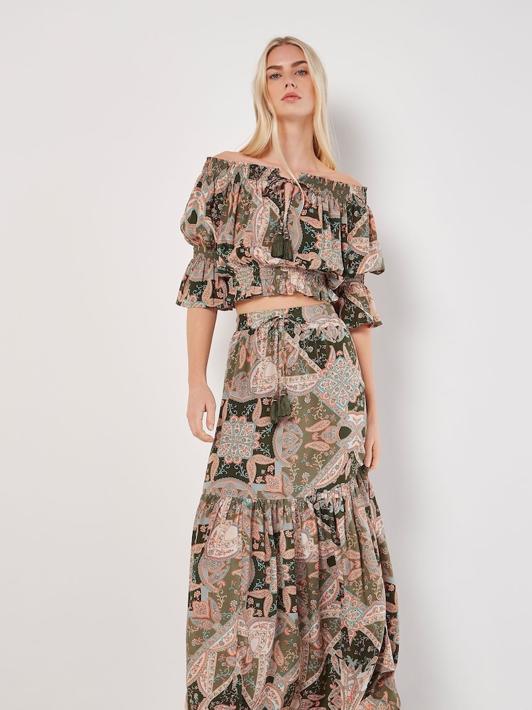 Apricot Green Scarf Print Tiered Long Skirt - Image 1 of 4