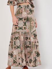 Apricot Green Scarf Print Tiered Long Skirt - Image 4 of 4
